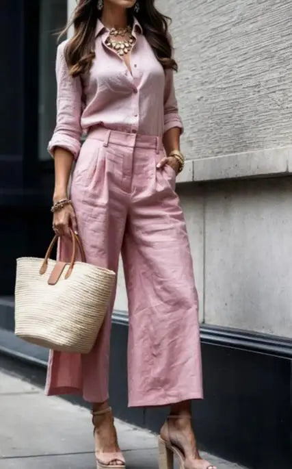 Women's Two Piece Set - Long-Sleeve Button-Down Shirt and High-Waist Wide-Leg Cropped Trousers