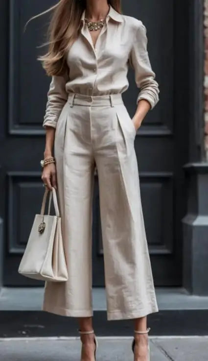 Women's Two Piece Set - Long-Sleeve Button-Down Shirt and High-Waist Wide-Leg Cropped Trousers