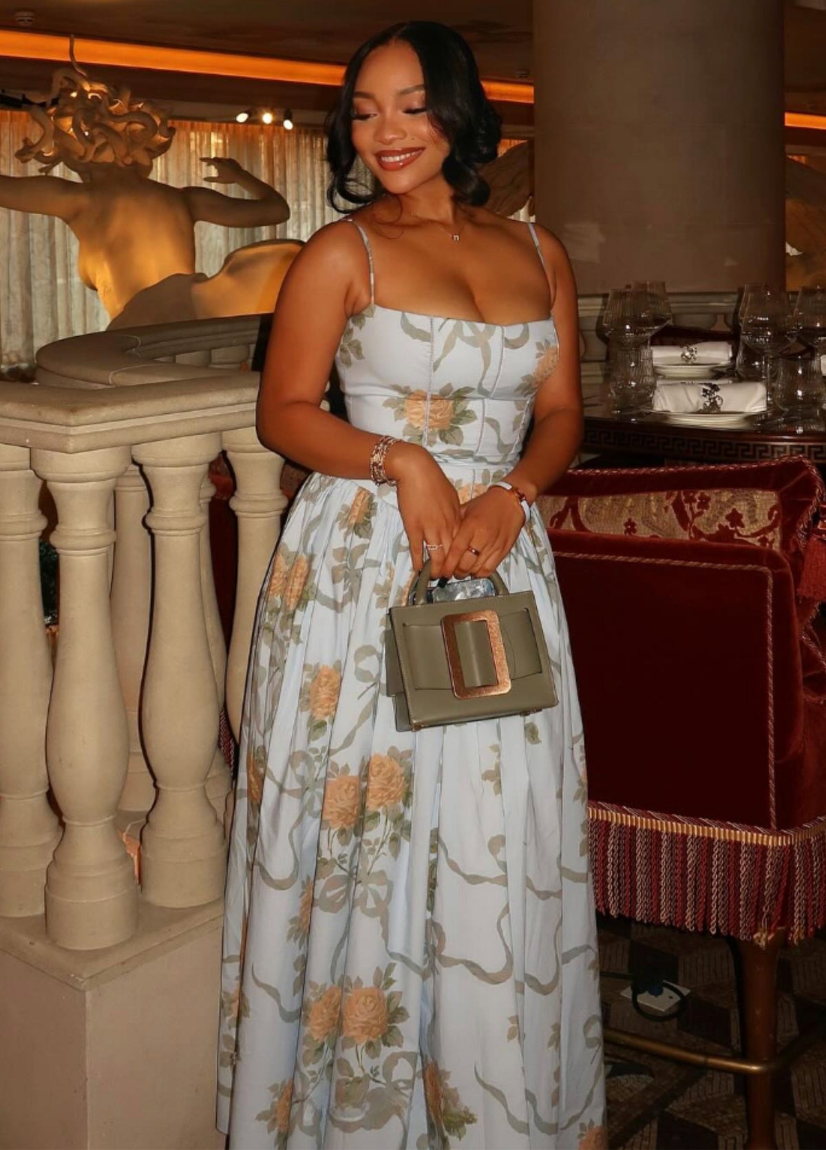 Amelina Bloom Midi Dress – Soft Blue Floral